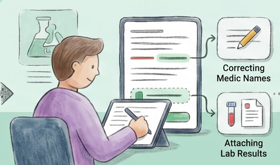 Pengguna memeriksa dan memperbaiki transkrip di tablet, melampirkan hasil lab