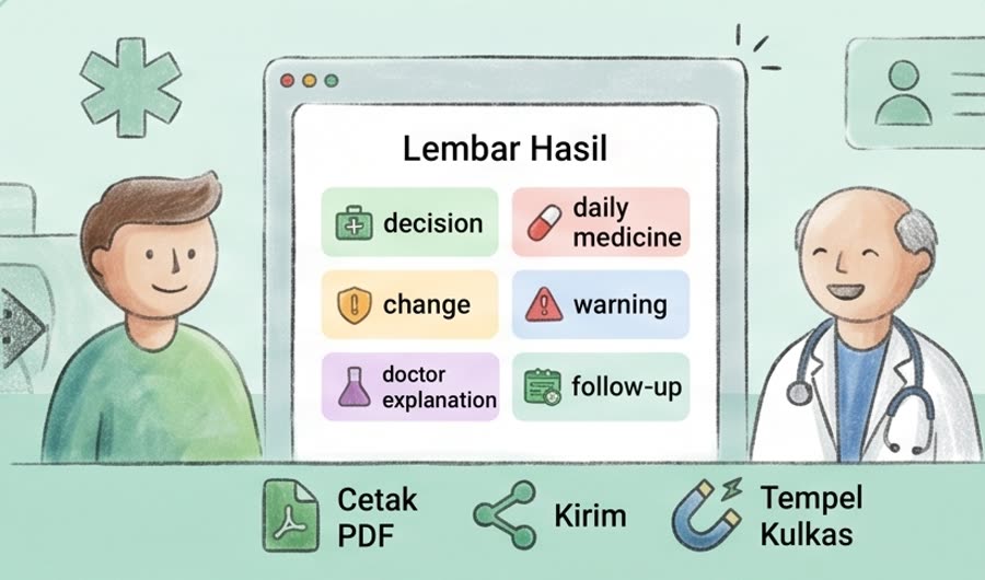 Keluarga dan dokter melihat lembar hasil dengan enam bagian